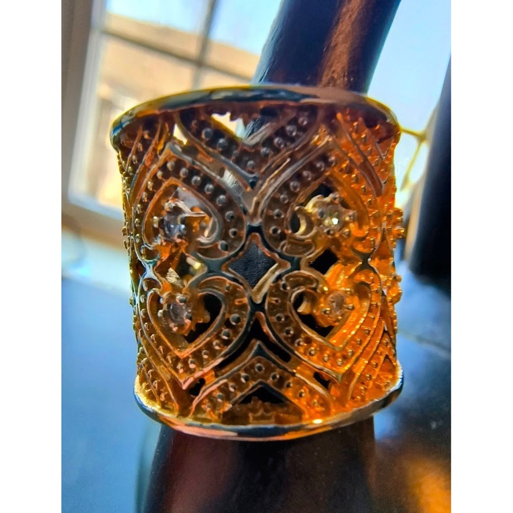 925 Sterling Silver 2-Tone Filigree‎ Heart Wide Band Statement Ring Clear Stones